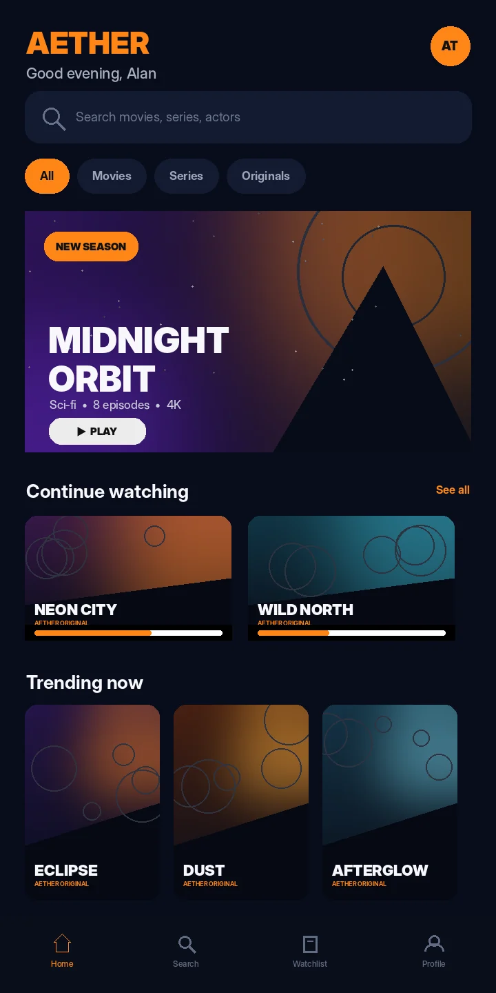 Aether streaming app home dashboard