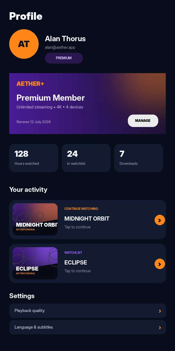 Aether streaming app profile dashboard