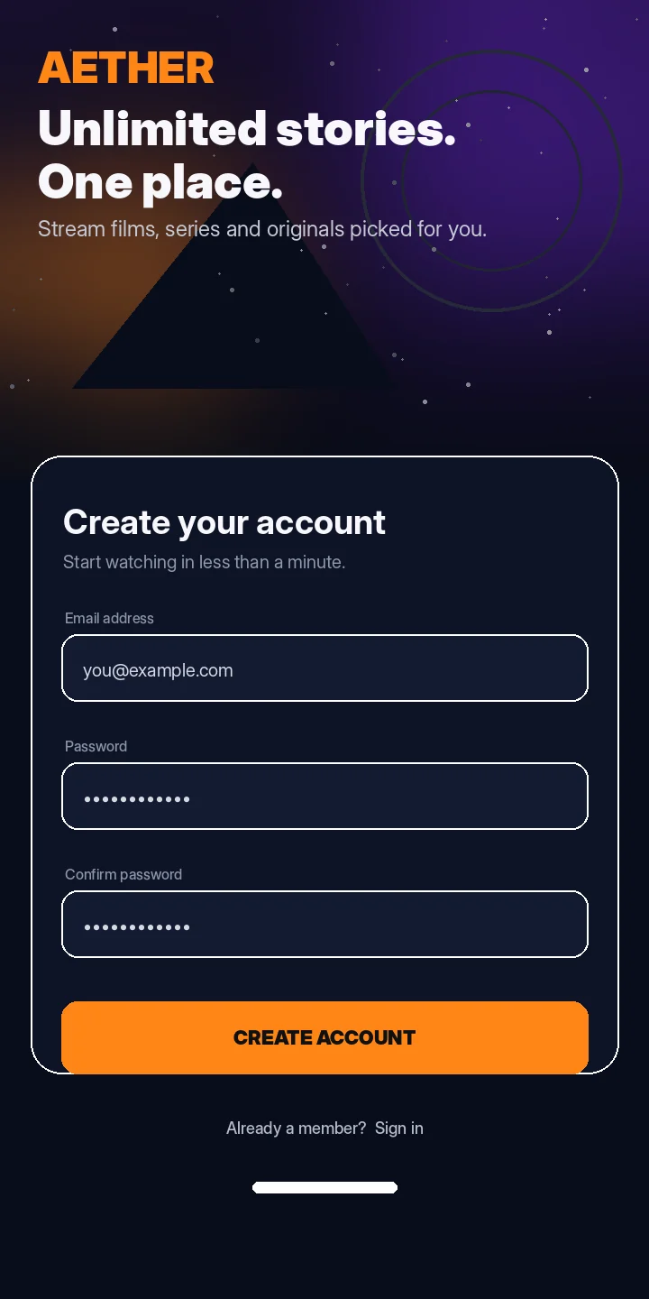 Aether streaming app signup screen